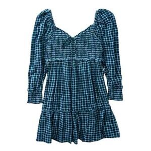 American Eagle Blue Smocked Plaid Babydoll Mini Dress Women’s Large Academia
